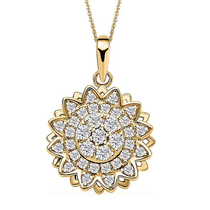 Simulated Diamond Spinner Pendant Necklace,  Sunflower Pendant Necklace, 14K YG Over Sterling Silver with ION Plated YG Stainless Steel Necklace, 20 Inch Necklace 0.65 ctw