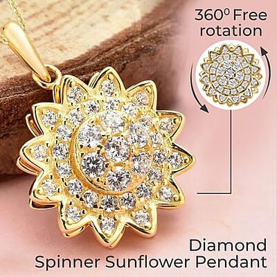 Simulated Diamond Spinner Pendant Necklace,  Sunflower Pendant Necklace, 14K YG Over Sterling Silver with ION Plated YG Stainless Steel Necklace, 20 Inch Necklace 0.65 ctw