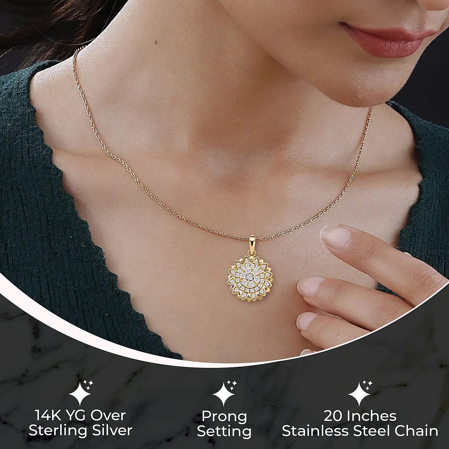 Simulated Diamond Spinner Pendant Necklace,  Sunflower Pendant Necklace, 14K YG Over Sterling Silver with ION Plated YG Stainless Steel Necklace, 20 Inch Necklace 0.65 ctw