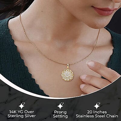Simulated Diamond Spinner Pendant Necklace,  Sunflower Pendant Necklace, 14K YG Over Sterling Silver with ION Plated YG Stainless Steel Necklace, 20 Inch Necklace 0.65 ctw