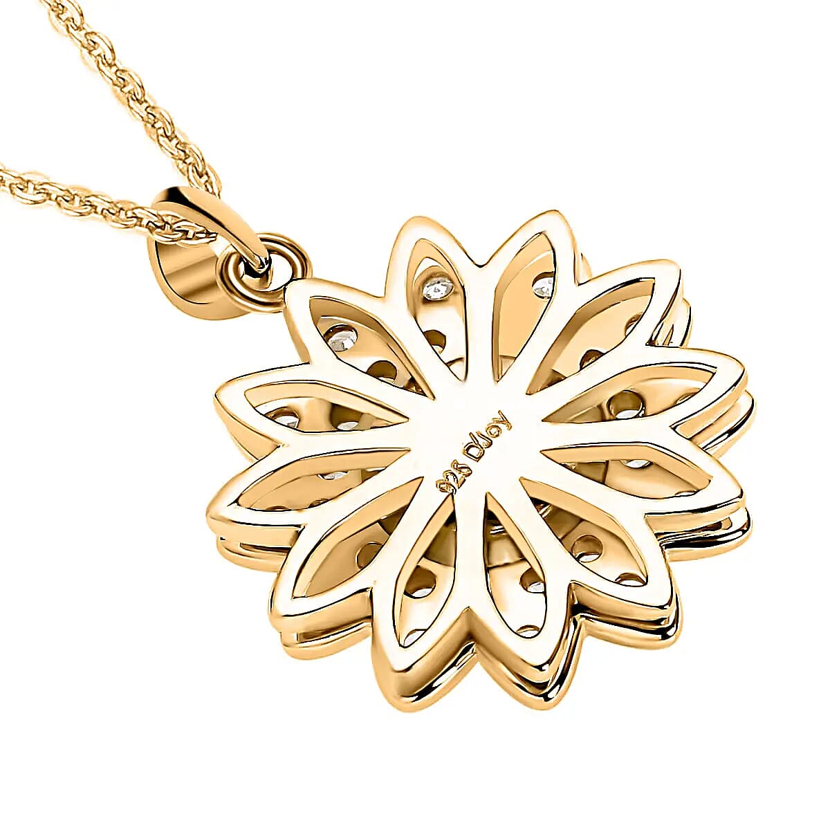 Simulated Diamond Spinner Pendant Necklace,  Sunflower Pendant Necklace, 14K YG Over Sterling Silver with ION Plated YG Stainless Steel Necklace, 20 Inch Necklace 0.65 ctw