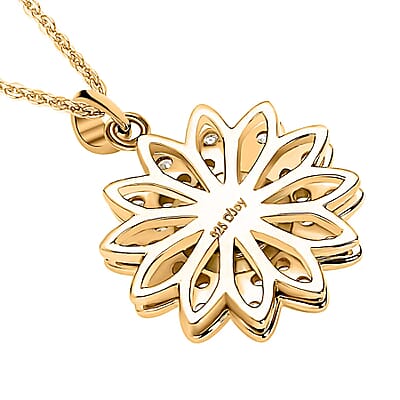 Simulated Diamond Spinner Pendant Necklace,  Sunflower Pendant Necklace, 14K YG Over Sterling Silver with ION Plated YG Stainless Steel Necklace, 20 Inch Necklace 0.65 ctw