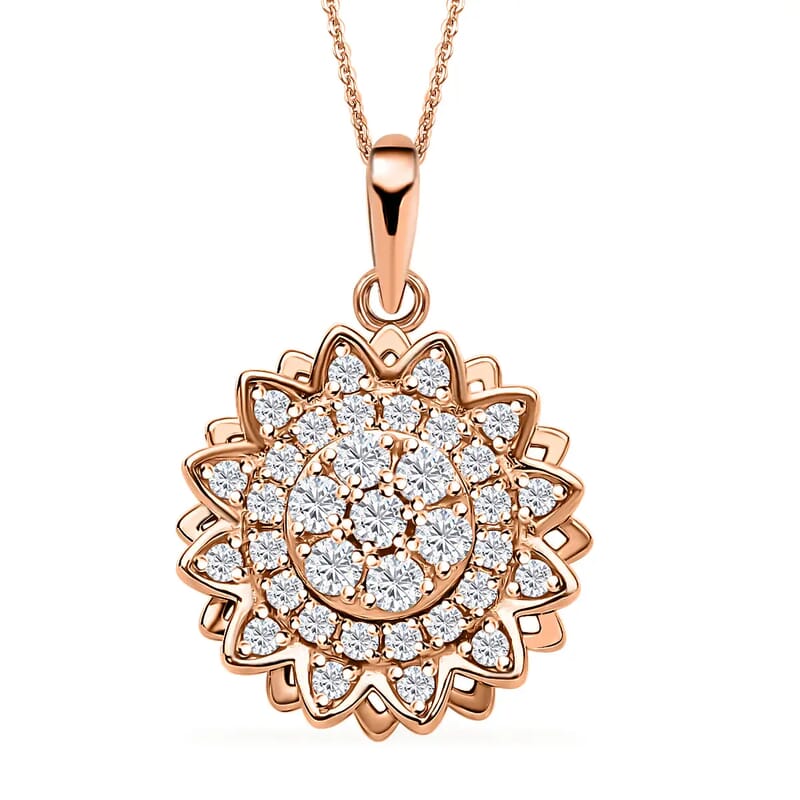 Simulated Diamond Spinner Pendant Necklace,  Sunflower Pendant Necklace, 14K RG Over Sterling Silver with ION Plated YG Stainless Steel Necklace, 20 Inch Necklace 0.65 ctw