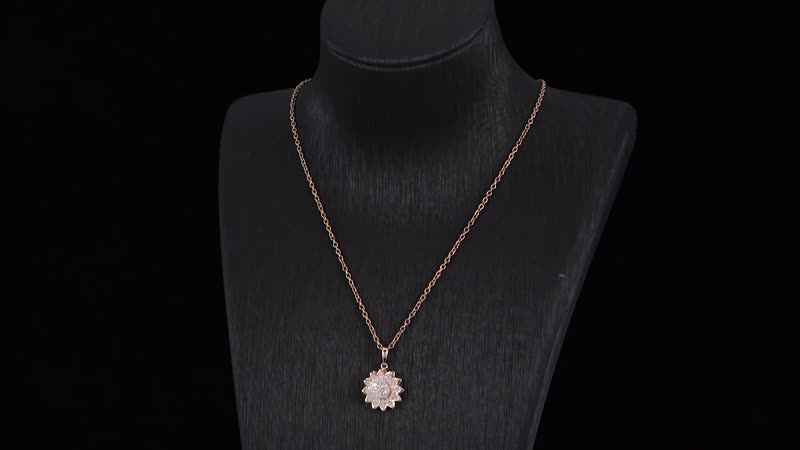 Simulated Diamond Sunflower Design Spinner Pendant Necklace 20 Inches in Rhodium Over Sterling Silver & Stainless Steel 0.65 ctw
