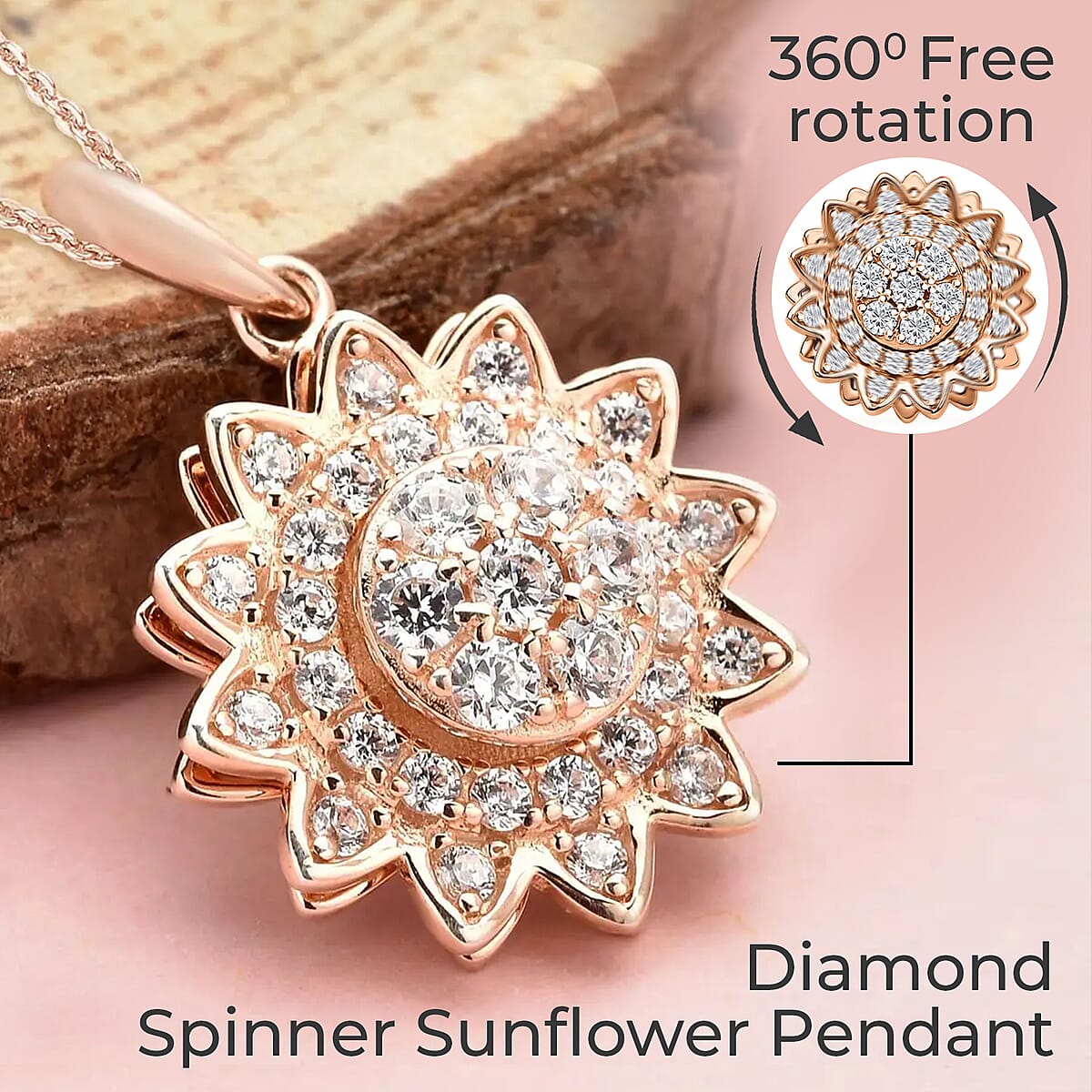 Simulated Diamond Spinner Pendant Necklace,  Sunflower Pendant Necklace, 14K RG Over Sterling Silver with ION Plated YG Stainless Steel Necklace, 20 Inch Necklace 0.65 ctw image number 1