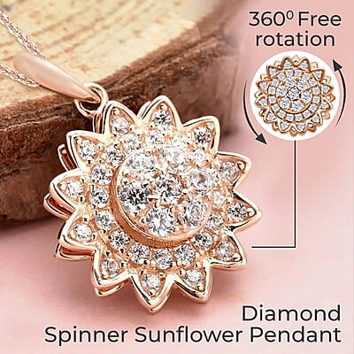 Simulated Diamond Spinner Pendant Necklace,  Sunflower Pendant Necklace, 14K RG Over Sterling Silver with ION Plated YG Stainless Steel Necklace, 20 Inch Necklace 0.65 ctw