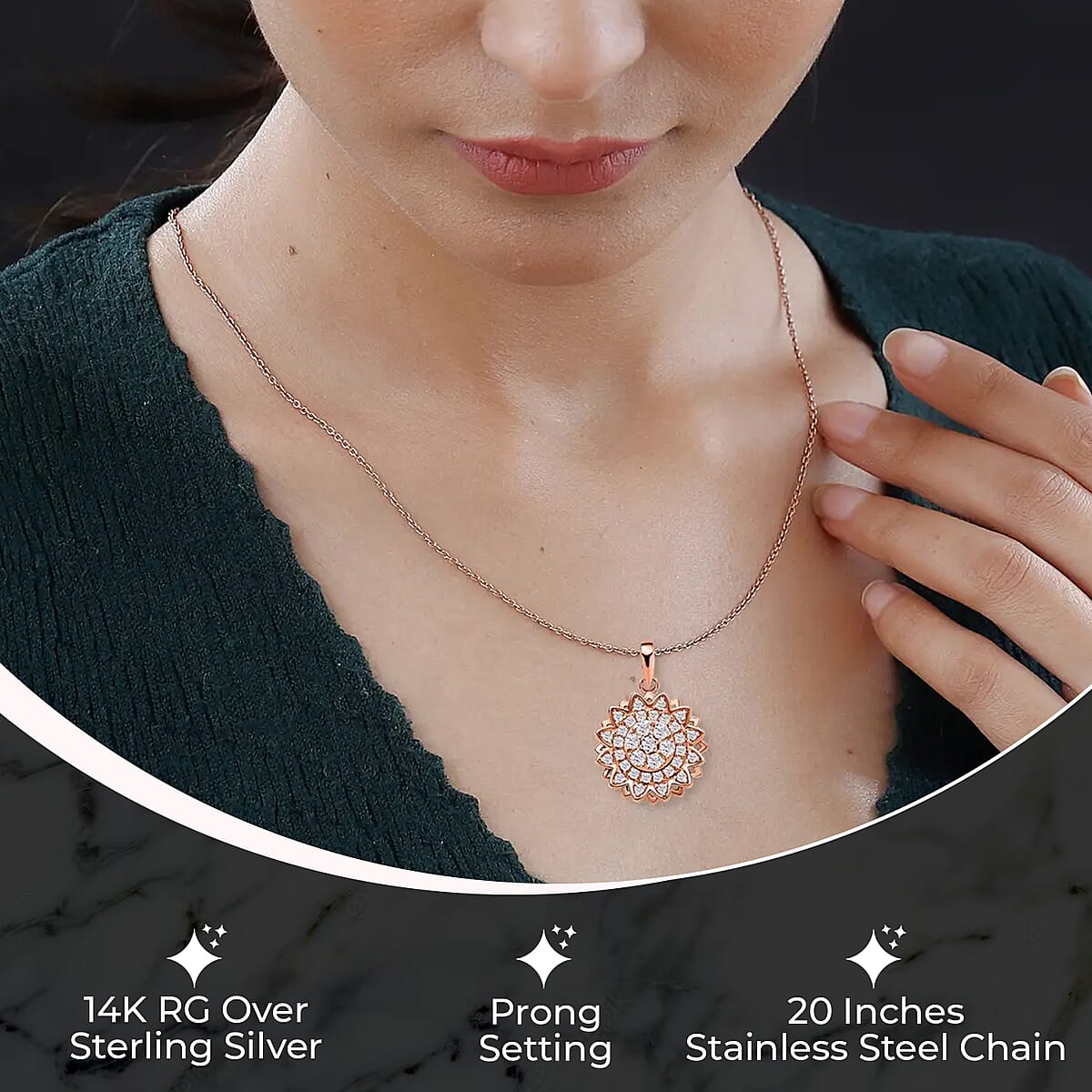 Simulated Diamond Spinner Pendant Necklace,  Sunflower Pendant Necklace, 14K RG Over Sterling Silver with ION Plated YG Stainless Steel Necklace, 20 Inch Necklace 0.65 ctw image number 2