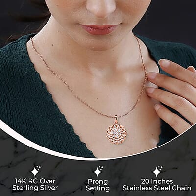 Simulated Diamond Spinner Pendant Necklace,  Sunflower Pendant Necklace, 14K RG Over Sterling Silver with ION Plated YG Stainless Steel Necklace, 20 Inch Necklace 0.65 ctw