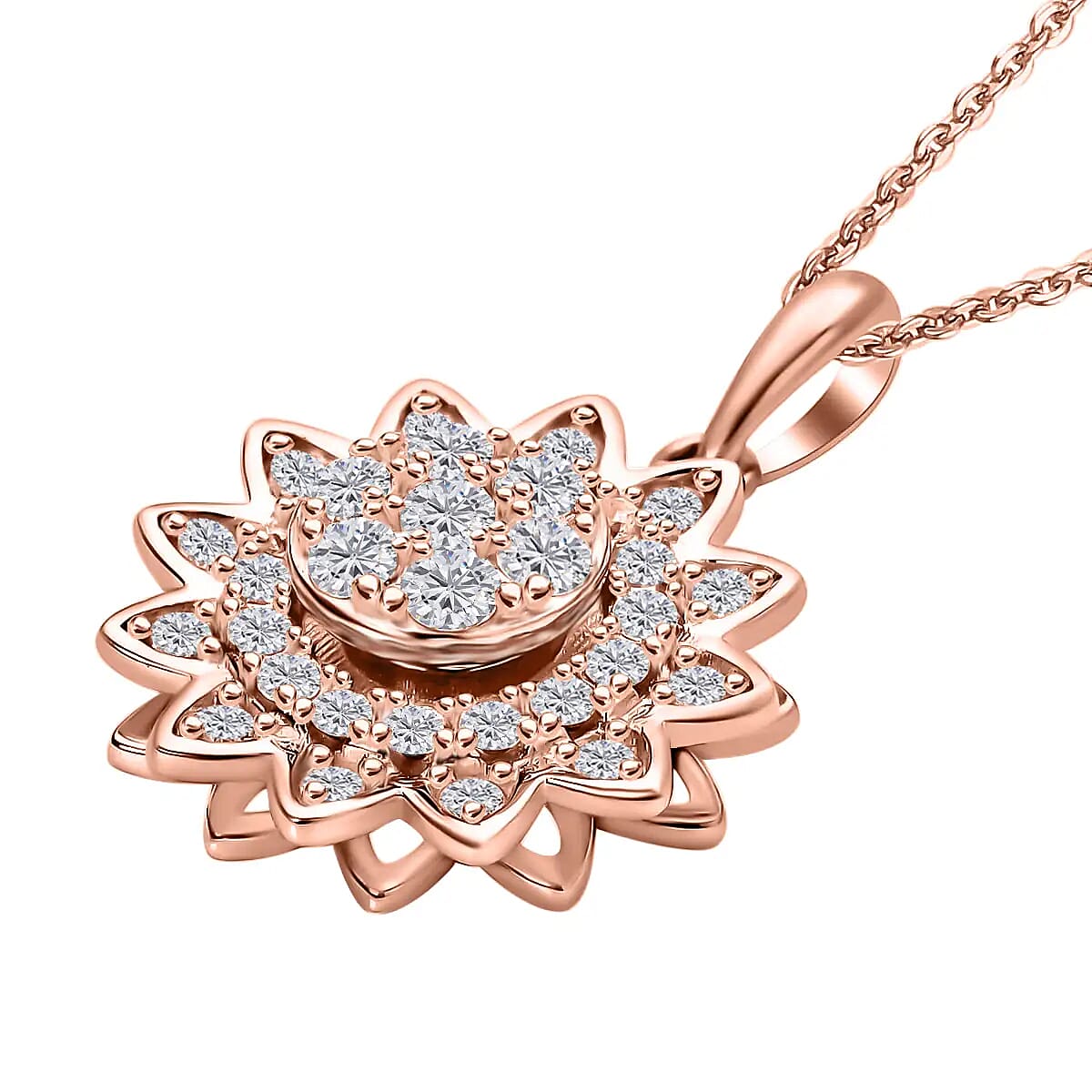 Simulated Diamond Spinner Pendant Necklace,  Sunflower Pendant Necklace, 14K RG Over Sterling Silver with ION Plated YG Stainless Steel Necklace, 20 Inch Necklace 0.65 ctw