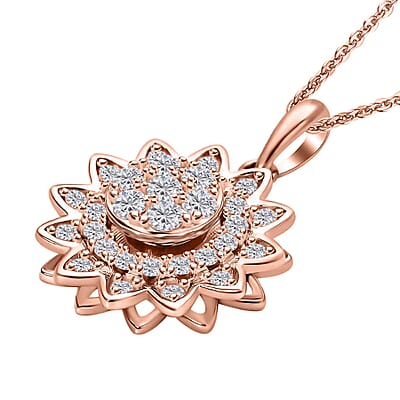Simulated Diamond Spinner Pendant Necklace,  Sunflower Pendant Necklace, 14K RG Over Sterling Silver with ION Plated YG Stainless Steel Necklace, 20 Inch Necklace 0.65 ctw
