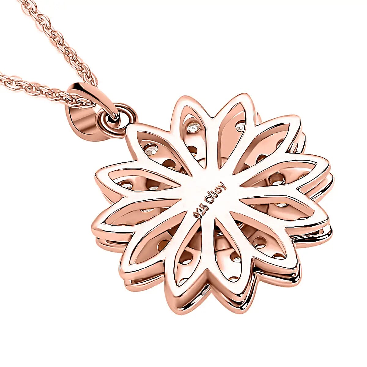 Simulated Diamond Spinner Pendant Necklace,  Sunflower Pendant Necklace, 14K RG Over Sterling Silver with ION Plated YG Stainless Steel Necklace, 20 Inch Necklace 0.65 ctw image number 5