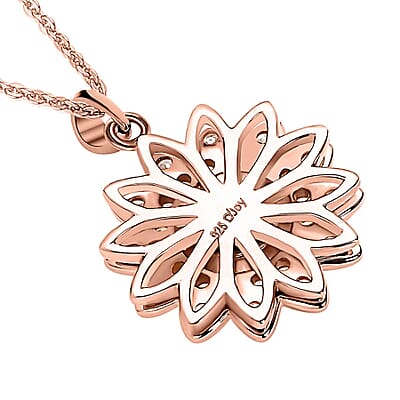 Simulated Diamond Spinner Pendant Necklace,  Sunflower Pendant Necklace, 14K RG Over Sterling Silver with ION Plated YG Stainless Steel Necklace, 20 Inch Necklace 0.65 ctw