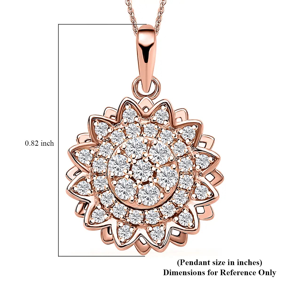 Simulated Diamond Spinner Pendant Necklace,  Sunflower Pendant Necklace, 14K RG Over Sterling Silver with ION Plated YG Stainless Steel Necklace, 20 Inch Necklace 0.65 ctw image number 6
