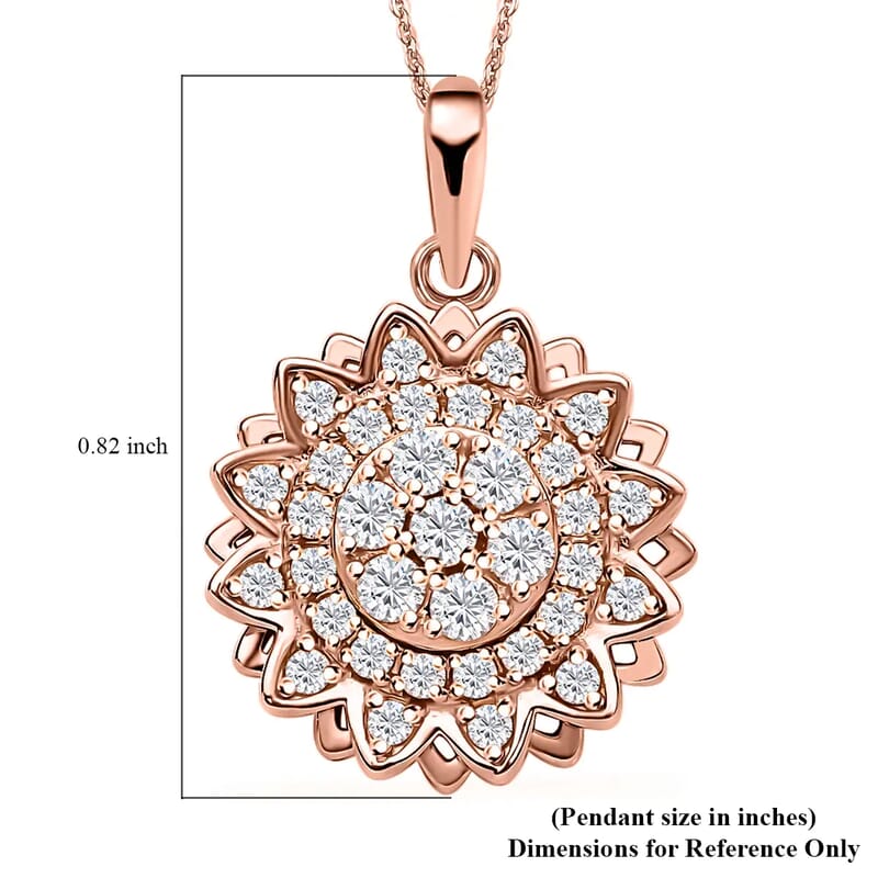 Simulated Diamond Spinner Pendant Necklace,  Sunflower Pendant Necklace, 14K RG Over Sterling Silver with ION Plated YG Stainless Steel Necklace, 20 Inch Necklace 0.65 ctw