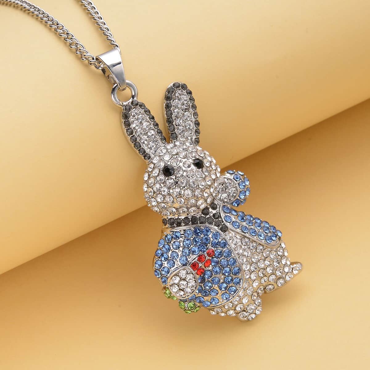 Multi Color Austrian Crystal Bunny Pendant Necklace 29-31 Inches in Silvertone image number 1