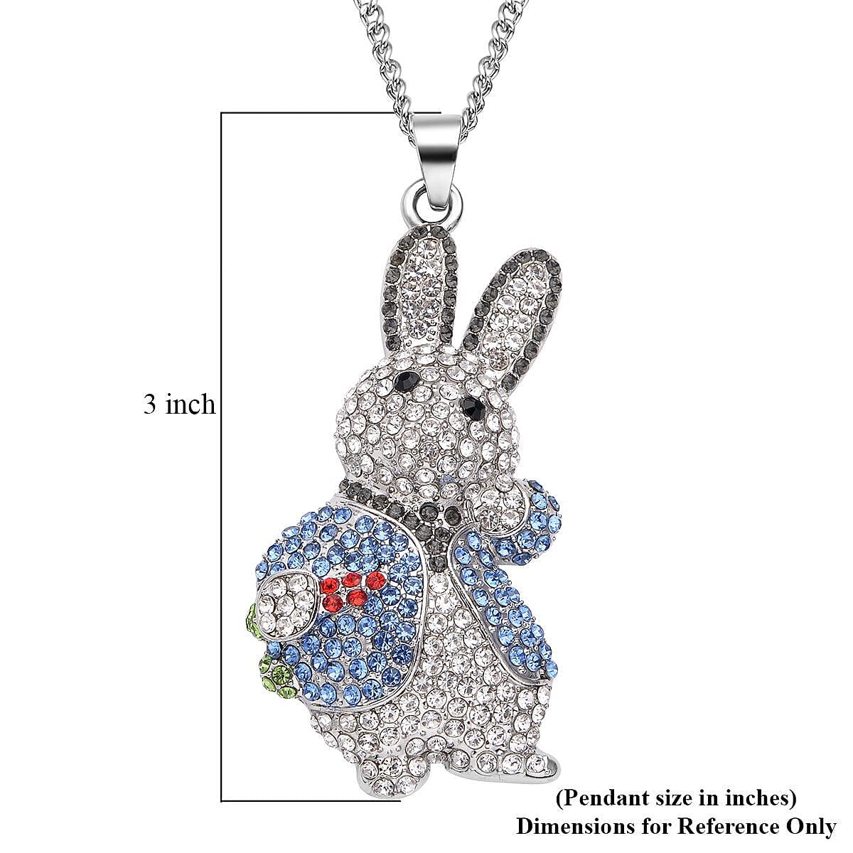 Multi Color Austrian Crystal Bunny Pendant Necklace 29-31 Inches in Silvertone