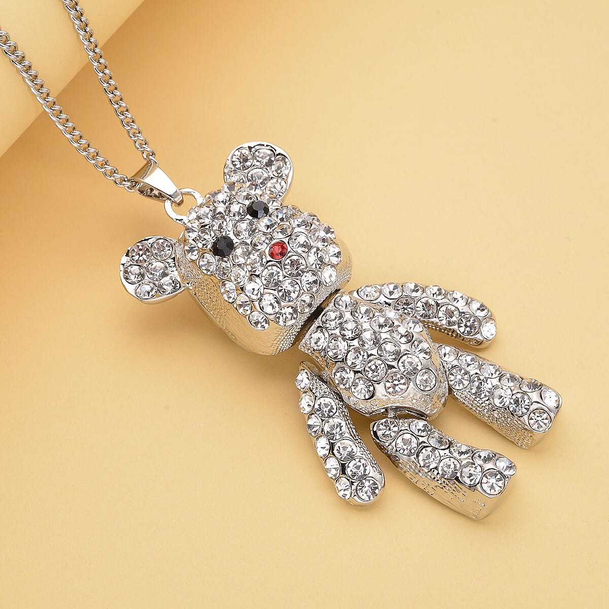 Multi Color Austrian Crystal Teddy Bear Pendant Necklace 29-31 Inches in Silvertone image number 1