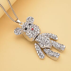 Multi Color Austrian Crystal Teddy Bear Pendant Necklace 29-31 Inches in Silvertone