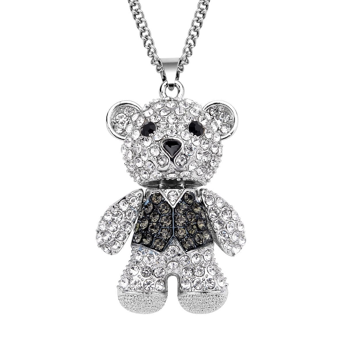Black and White Austrian Crystal Teddy Bear Pendant Necklace 29-31 Inches in Silvertone