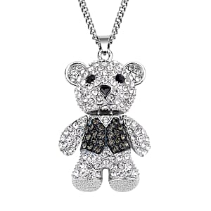 Black and White Austrian Crystal Teddy Bear Pendant Necklace 29-31 Inches in Silvertone