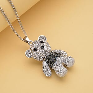 Black and White Austrian Crystal Teddy Bear Pendant Necklace 29-31 Inches in Silvertone
