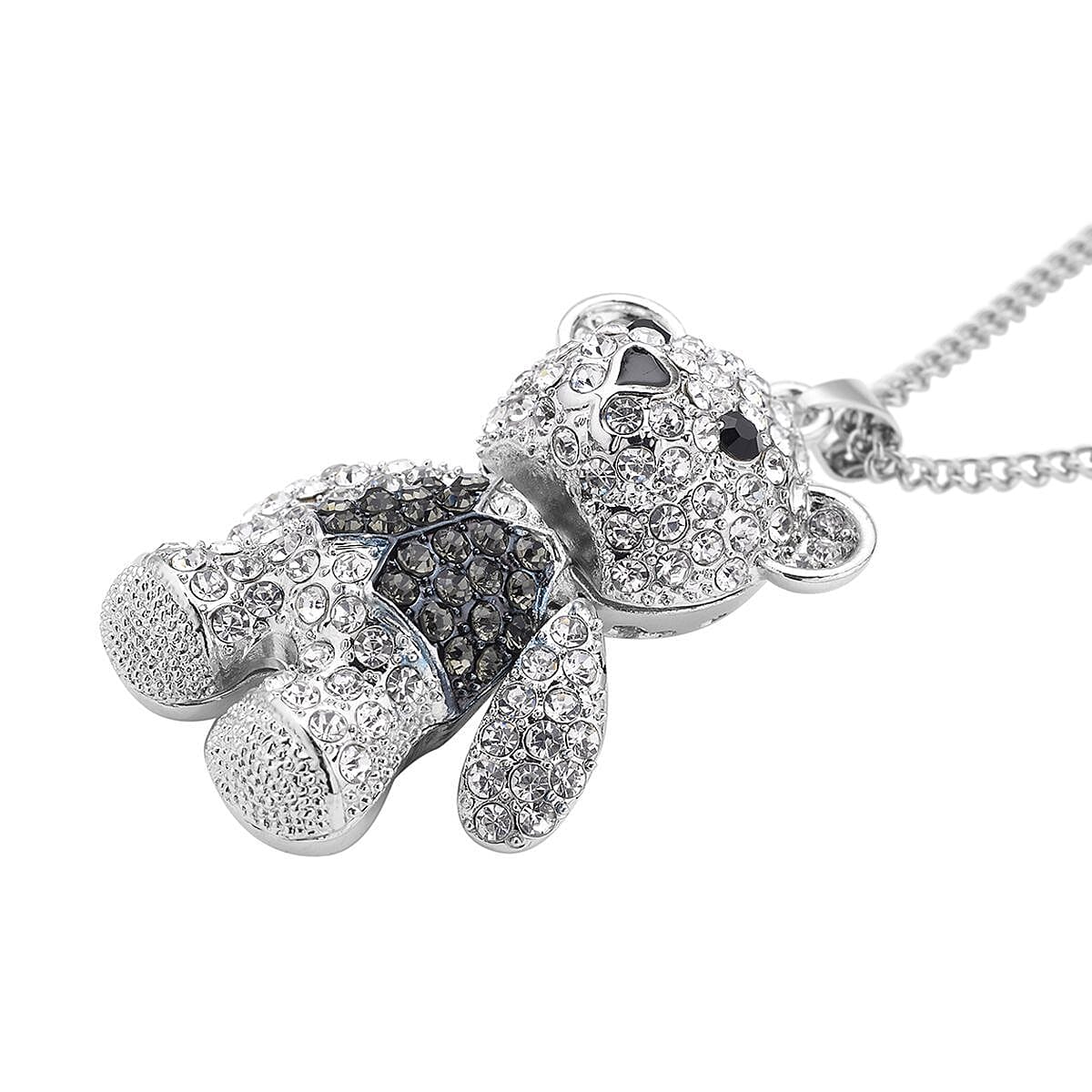 Black and White Austrian Crystal Teddy Bear Pendant Necklace 29-31 Inches in Silvertone