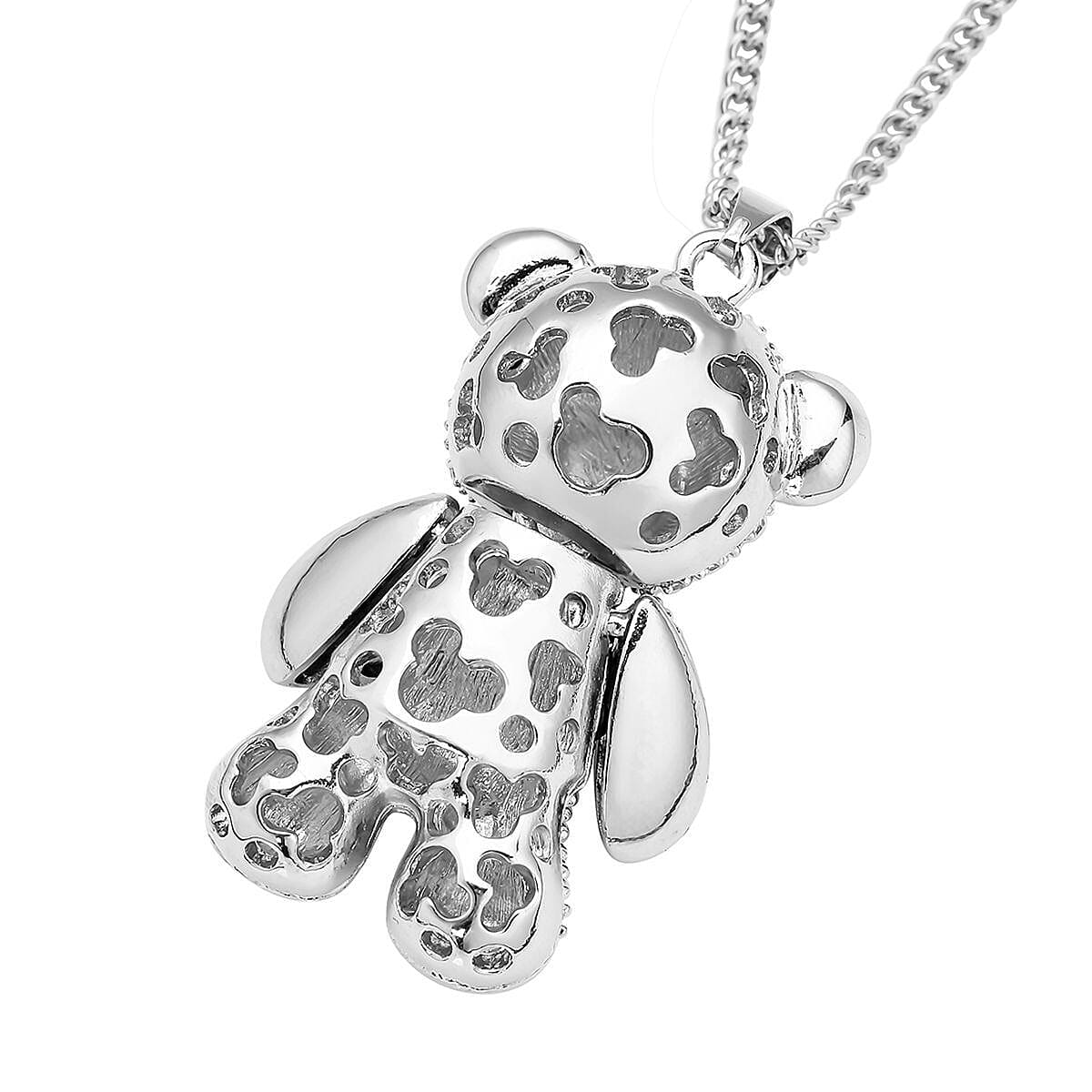 Black and White Austrian Crystal Teddy Bear Pendant Necklace 29-31 Inches in Silvertone