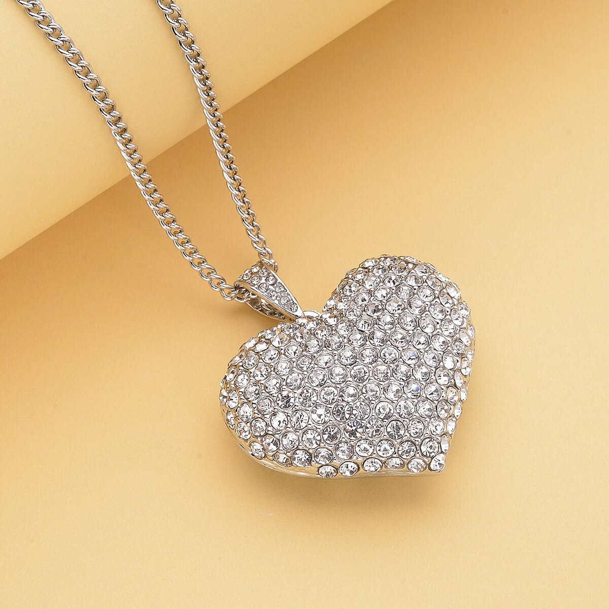 White Austrian Crystal Heart Pendant Necklace 29-31 Inches in Silvertone image number 1