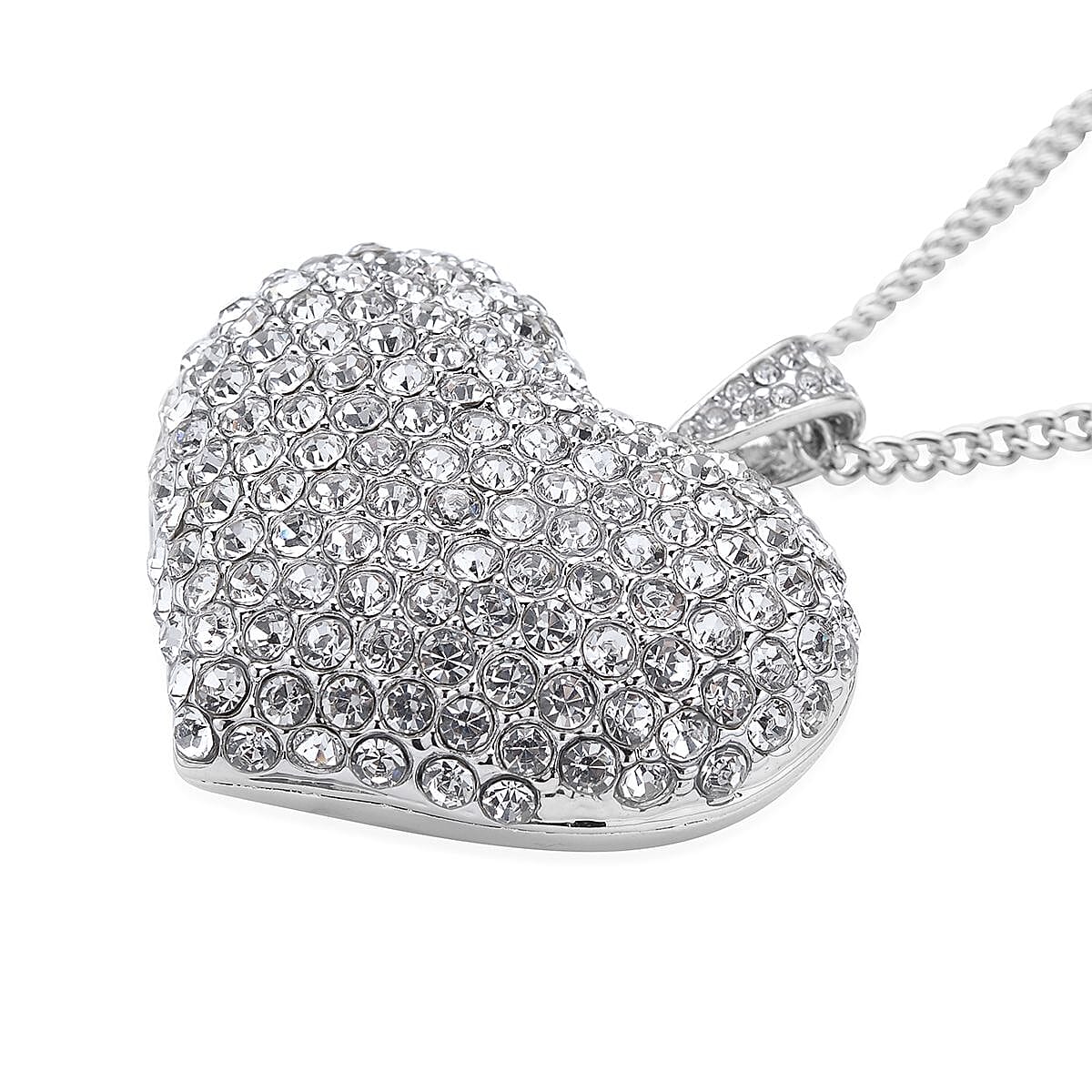 White Austrian Crystal Heart Pendant Necklace 29-31 Inches in Silvertone image number 3