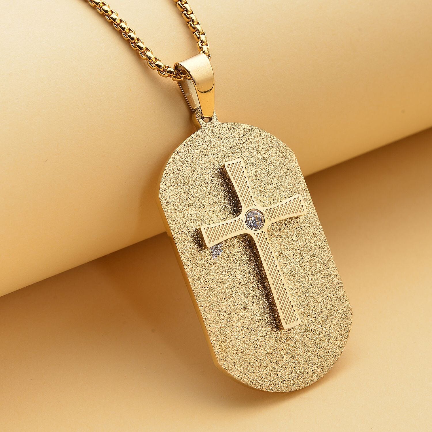 Austrian Crystal Men's Cross Pendant Necklace (24 Inches) in ION Plated YG Stainless Steel , Tarnish-Free, Waterproof, Sweat Proof Jewelry