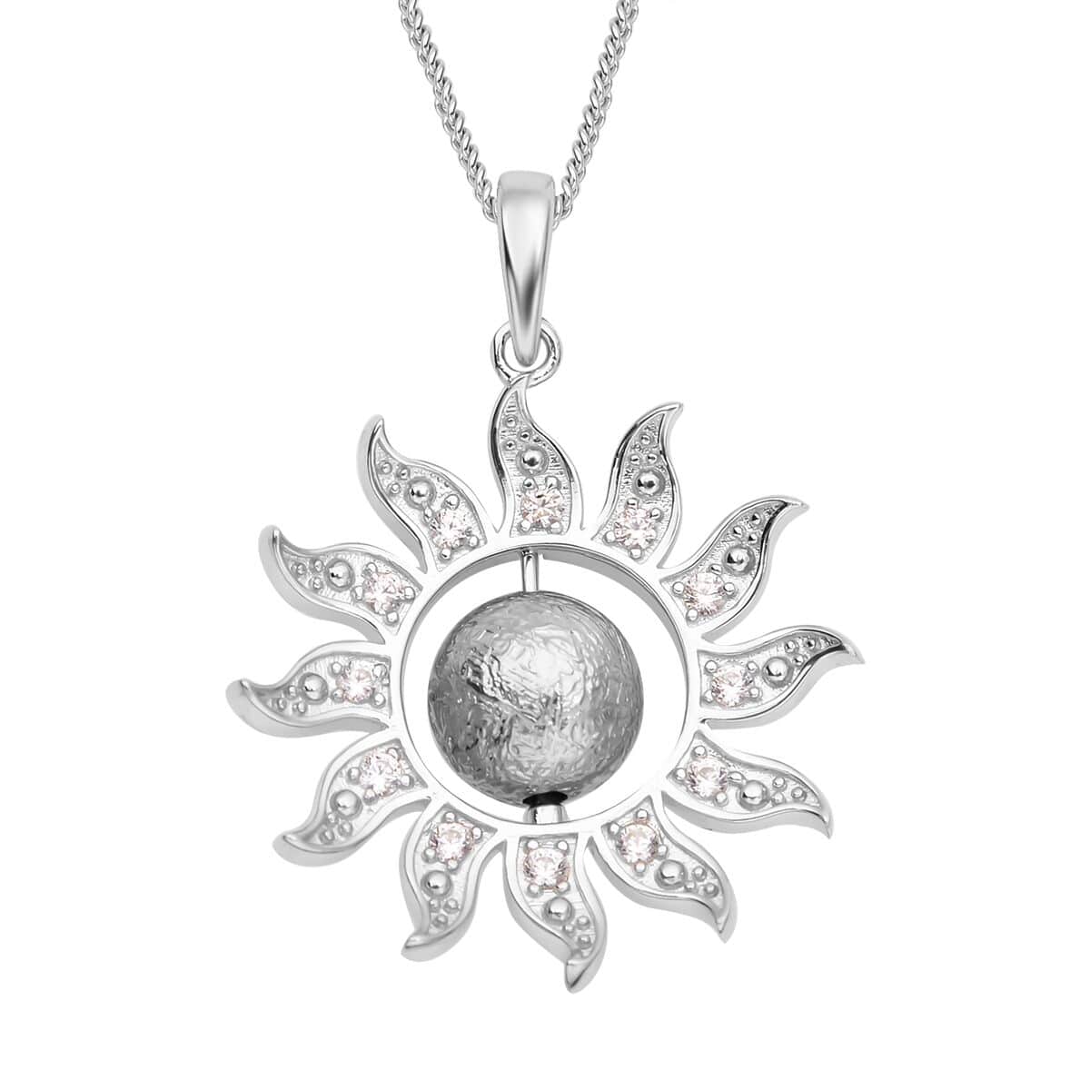 Marvelous Meteorites and White Zircon Sun Pendant Necklace 18 Inches in Rhodium Over Sterling Silver 0.30 ctw image number 0