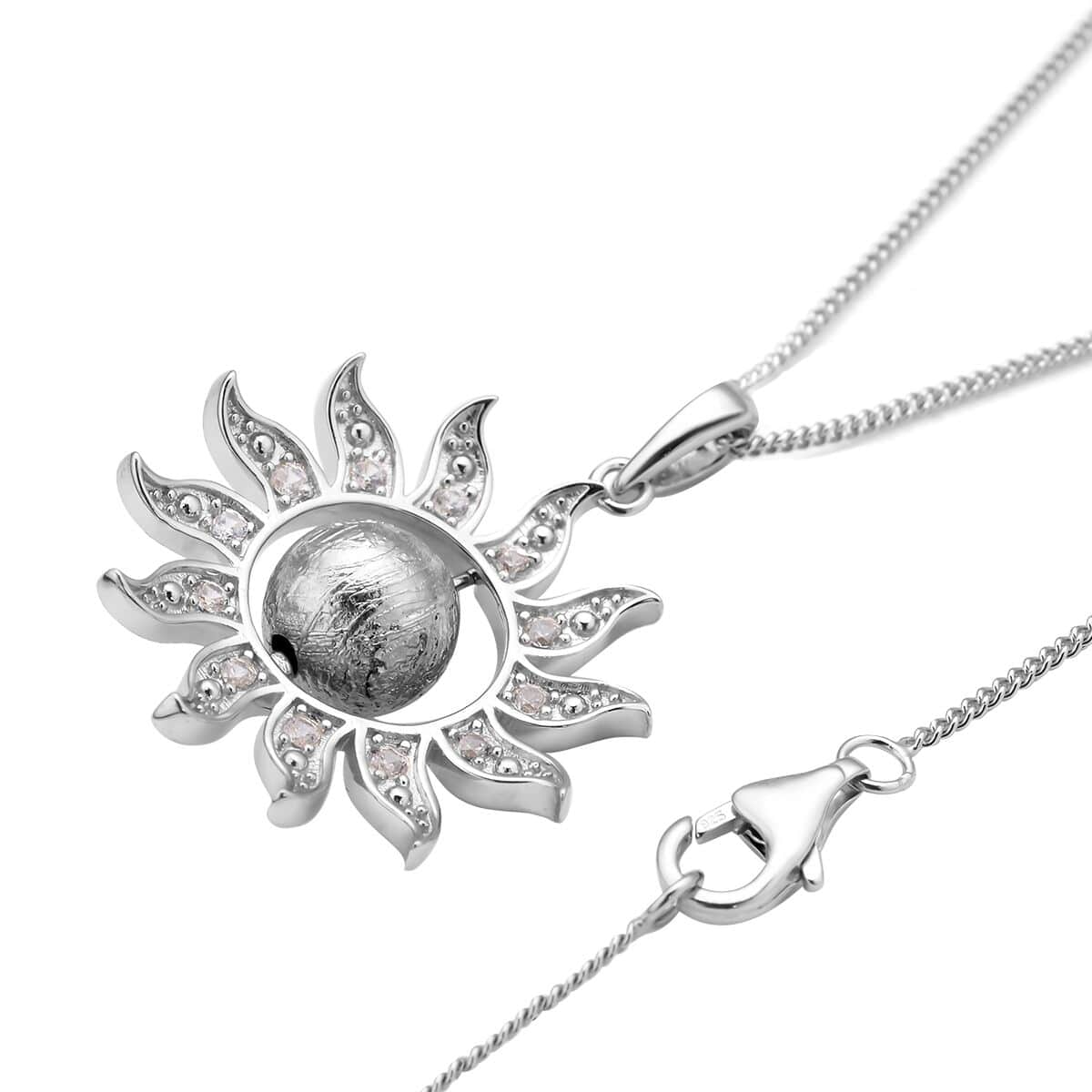 Marvelous Meteorites and White Zircon Sun Pendant Necklace 18 Inches in Rhodium Over Sterling Silver 0.30 ctw image number 3