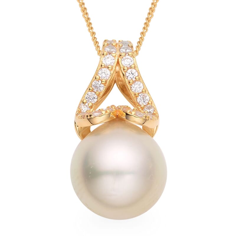 South Sea Pearl and White Zircon Pendant Necklace 18 Inches in Vermeil Yellow Gold Over Sterling Silver 0.50 ctw