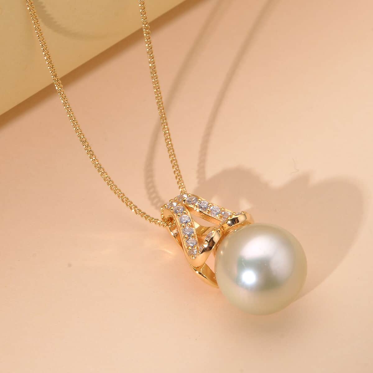 South Sea Pearl and White Zircon Pendant Necklace 18 Inches in Vermeil Yellow Gold Over Sterling Silver 0.50 ctw image number 1