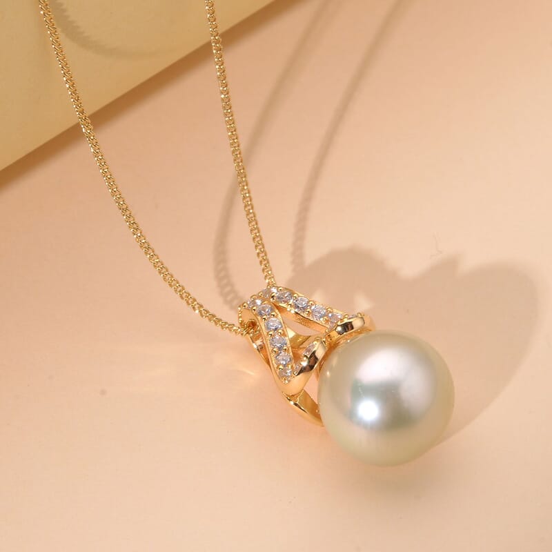South Sea Pearl and White Zircon Pendant Necklace 18 Inches in Vermeil Yellow Gold Over Sterling Silver 0.50 ctw