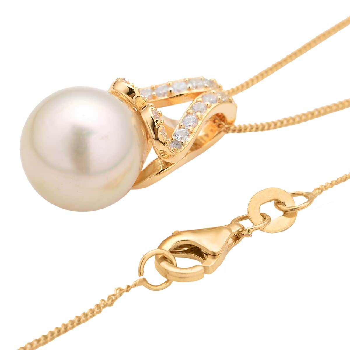 South Sea Pearl and White Zircon Pendant Necklace 18 Inches in Vermeil Yellow Gold Over Sterling Silver 0.50 ctw image number 3