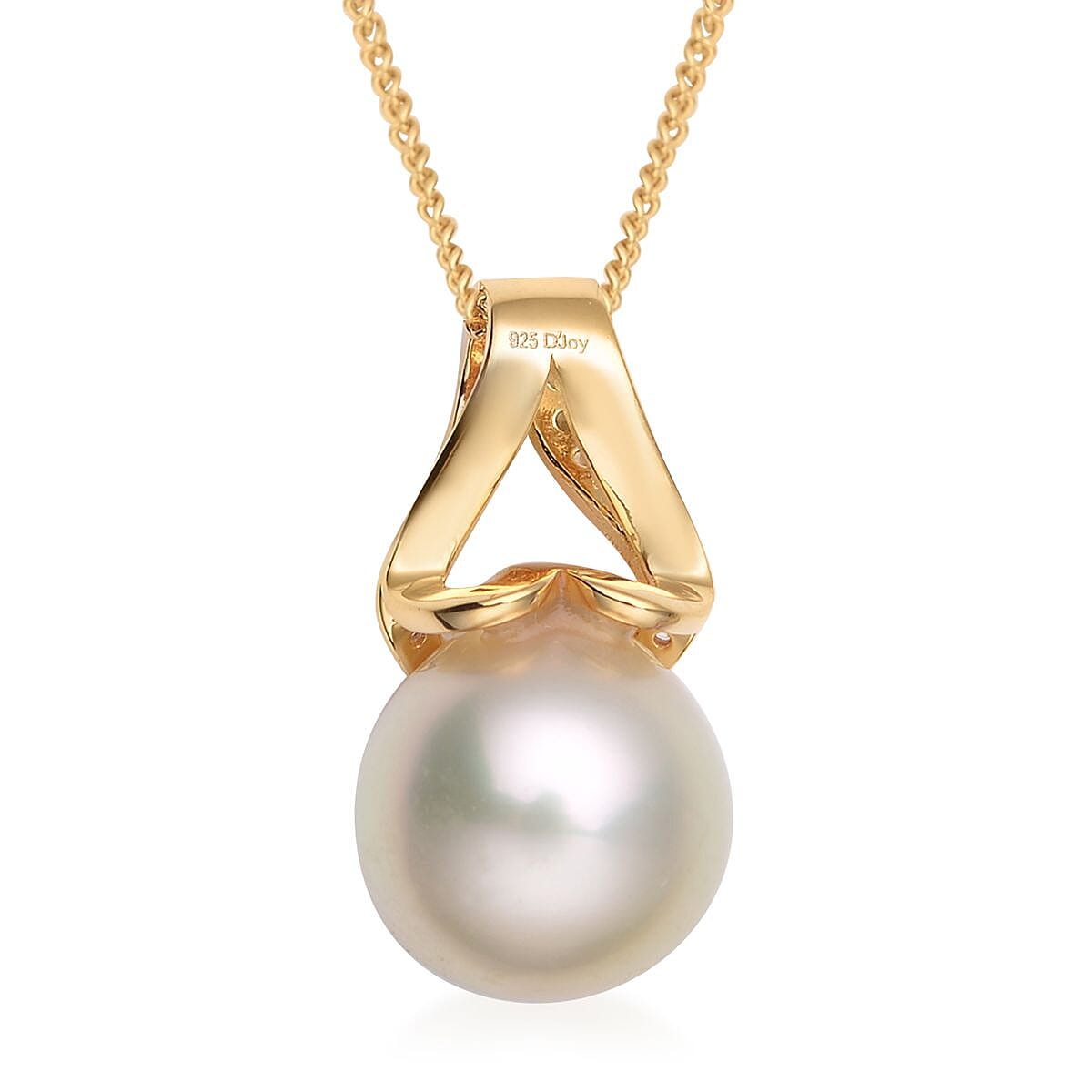 South Sea Pearl and White Zircon Pendant Necklace 18 Inches in Vermeil Yellow Gold Over Sterling Silver 0.50 ctw