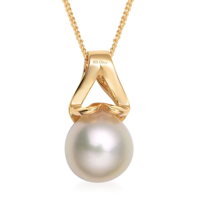 South Sea Pearl and White Zircon Pendant Necklace 18 Inches in Vermeil Yellow Gold Over Sterling Silver 0.50 ctw
