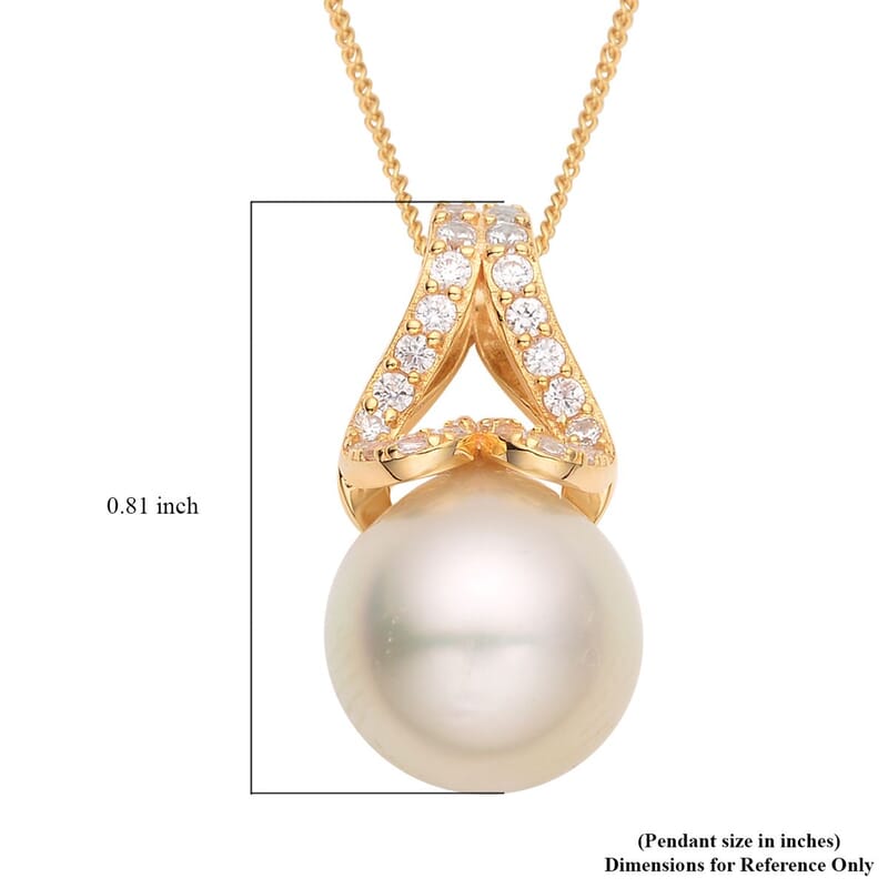South Sea Pearl and White Zircon Pendant Necklace 18 Inches in Vermeil Yellow Gold Over Sterling Silver 0.50 ctw