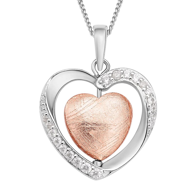Marvelous Meteorites and White Zircon Heart Pendant Necklace 18 Inches in Rhodium Over Sterling Silver 0.30 ctw
