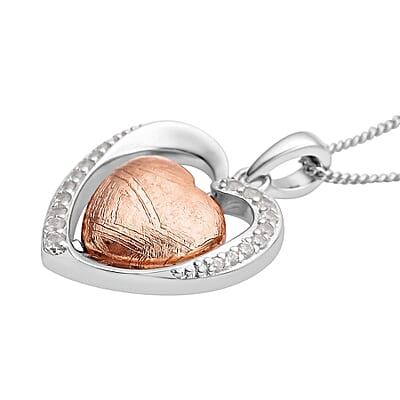 Marvelous Meteorites and White Zircon Heart Pendant Necklace 18 Inches in Rhodium Over Sterling Silver 0.30 ctw