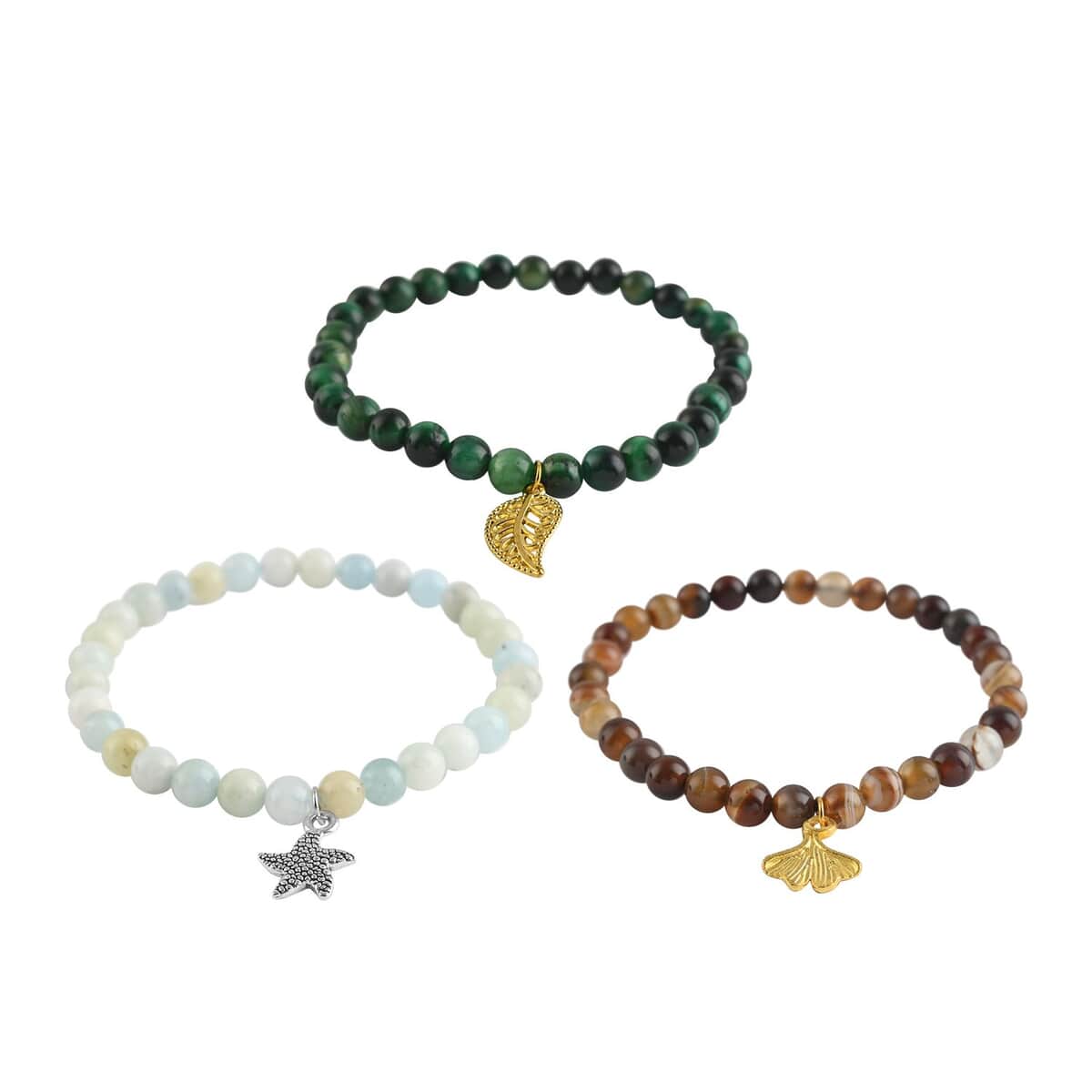 Set of 3 Multi Color Aquamarine, Green Tiger's Eye and Brown Banded Agate Beaded Stretch Bracelet in ION Plated YG and Stainless Steel 171.00 ctw image number 0