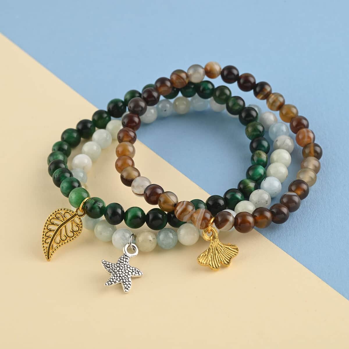 Set of 3 Multi Color Aquamarine, Green Tiger's Eye and Brown Banded Agate Beaded Stretch Bracelet in ION Plated YG and Stainless Steel 171.00 ctw image number 1