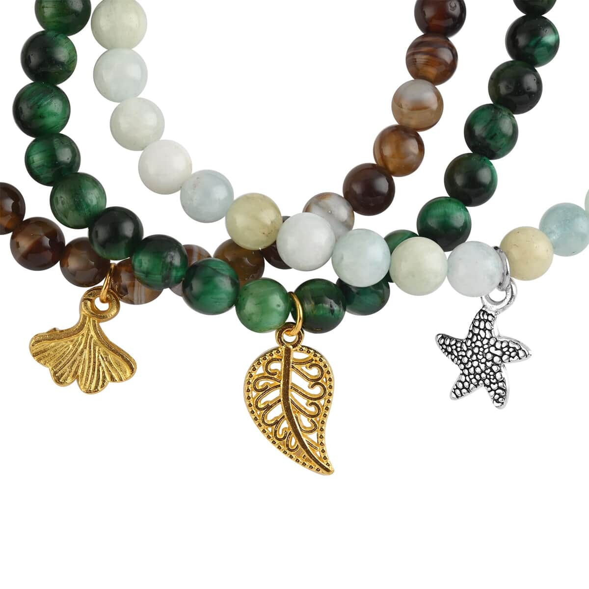 Set of 3 Multi Color Aquamarine, Green Tiger's Eye and Brown Banded Agate Beaded Stretch Bracelet in ION Plated YG and Stainless Steel 171.00 ctw image number 2
