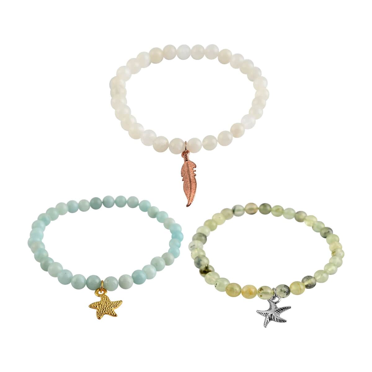 Set of 3 Prehnite, Sri Lankan Silver Moonstone and Amazonite Beaded Stretch Bracelet in ION Plated YRG & Stainless Steel 171.00 ctw image number 0
