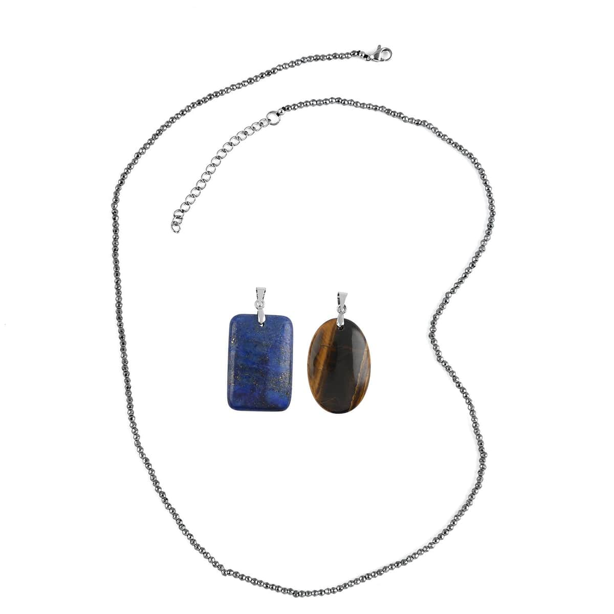 South African Tiger's Eye and Lapis Lazuli Set of 2 Pendants with Hematite Beaded Necklace 20-22In in Stainless Steel 86.00 ctw image number 2