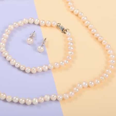 Freshwater Pearl 5mm Stud Earrings, Bracelet (7.50In) and Necklace 18 Inches in Sterling Silver image number 1