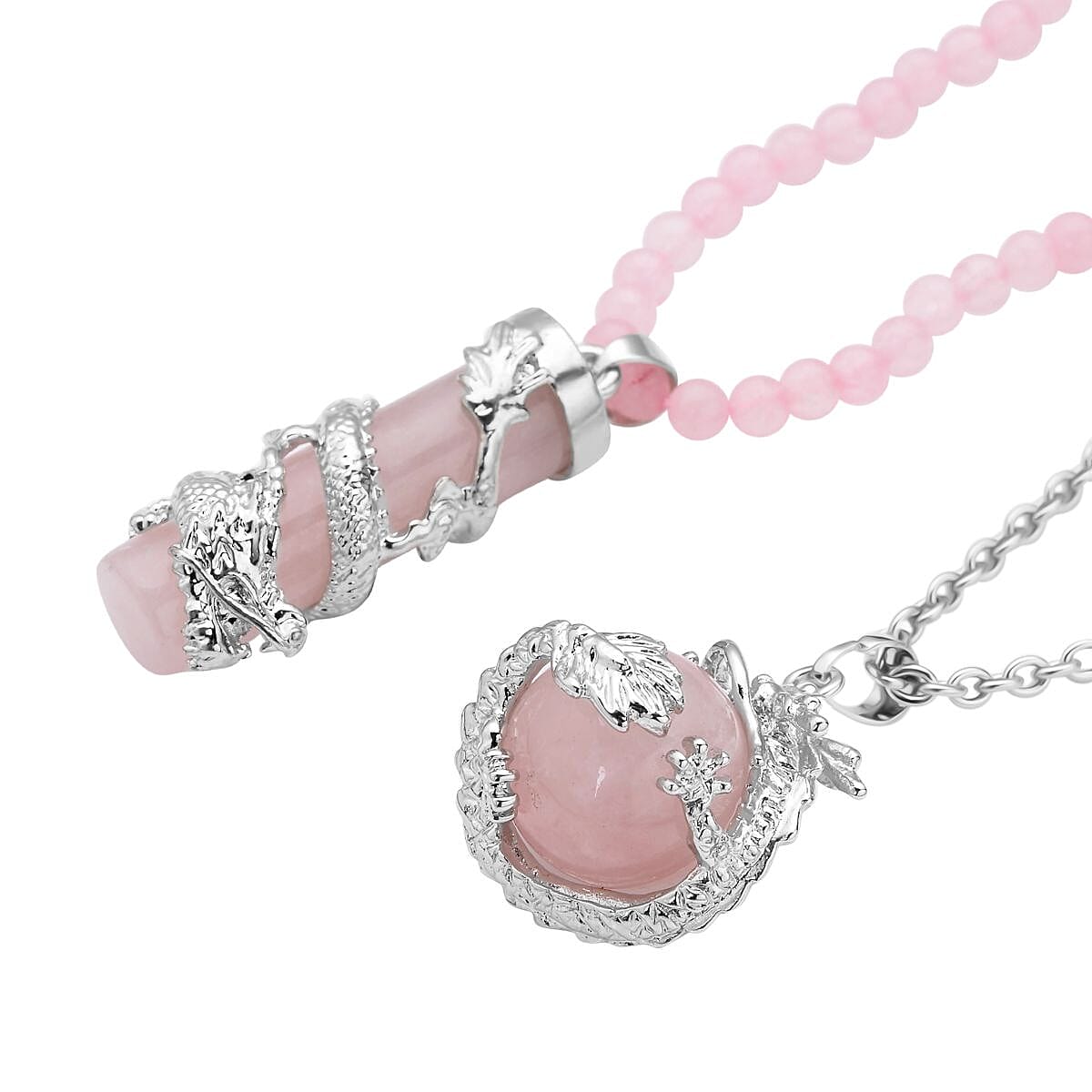 Galilea Rose Quartz Dragon Sphere Pendant Necklace (20 Inches) and Beaded Dragon Scroll Necklace (20-22 Inches) in Silvertone & Stainless Steel 143.00 ctw , Tarnish-Free, Waterproof, Sweat Proof Jewelry image number 2