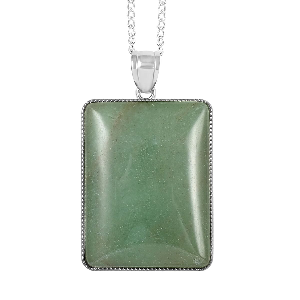 Green Aventurine Rectangle Frame Pendant Necklace 18 Inches in Silvertone 60.00 ctw