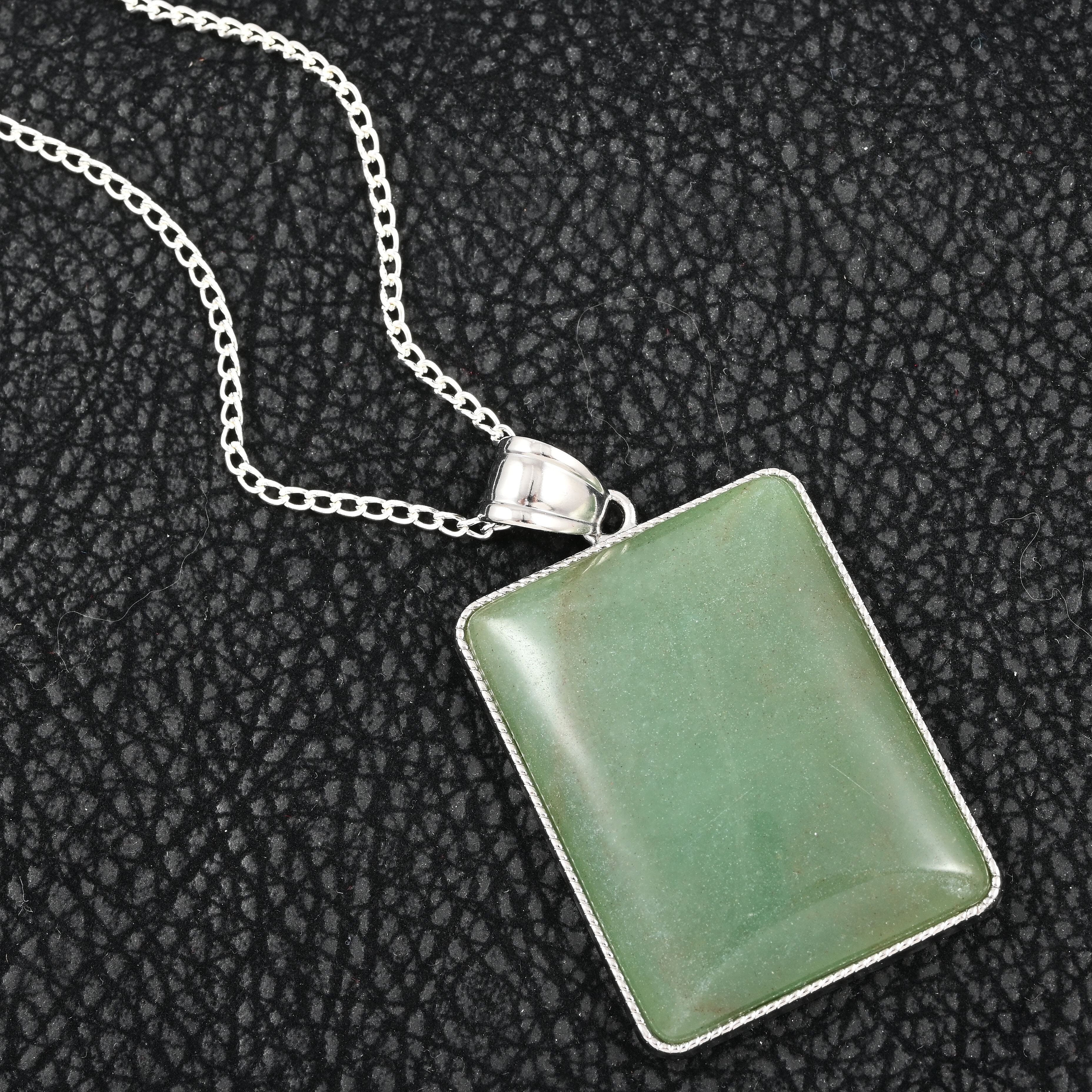 Green Aventurine Rectangle Frame Pendant Necklace 18 Inches in Silvertone 60.00 ctw